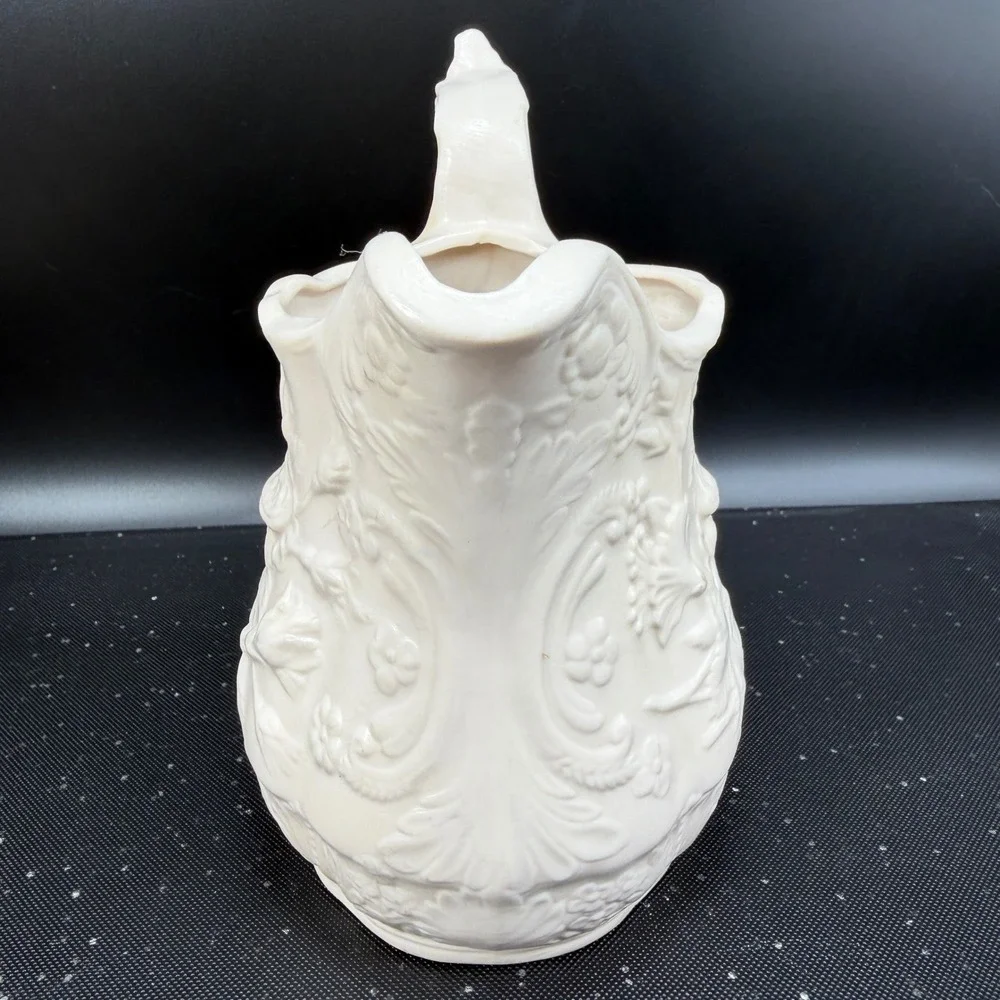 Vintage‎ M Bennett 1974 Embossed Rose Floral Ceramic Pitcher Cream White Signed